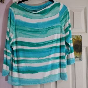 Ruby Rd Top Petite Large blue Stripe Stretch Boat Neck 3/4 Sleeve Jersey